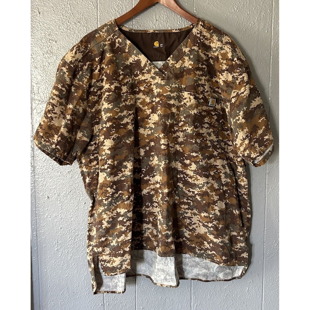 Carhartt Brown Camouflage Scrubs Top Men's 2XL Ripstop V-Neck Brown Green - Picture 1 of 4